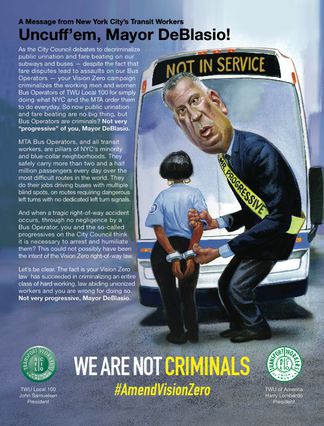 One of the ads running in New York papers attacking de Blasio for the Right of Way law criminalizing negligent driving that maims and kills people.